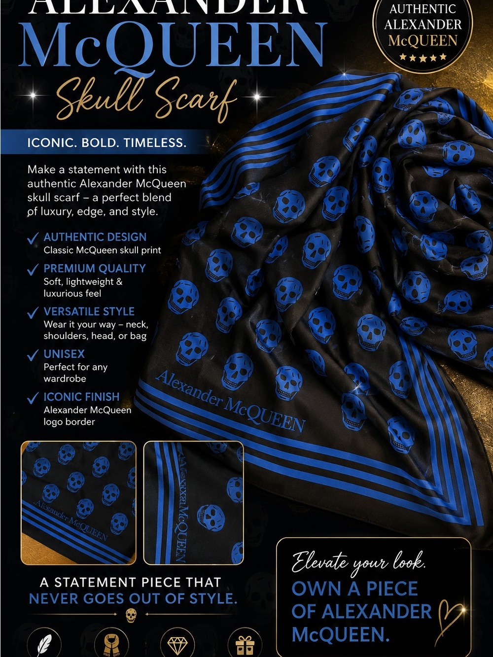 Alexander McQueen Black and Bright Blue Skull Silk Scarf